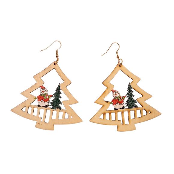 Christmas Tree Wood Earrings New Snowman 3"x3.5" - Picture 1 of 5